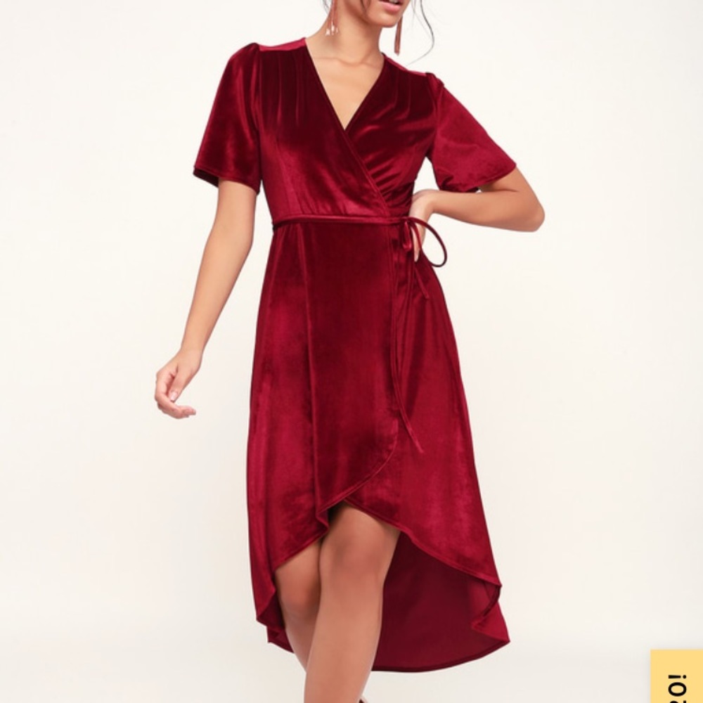Lulus Amour Wine Red Velvet High-Low Wrap Dress
